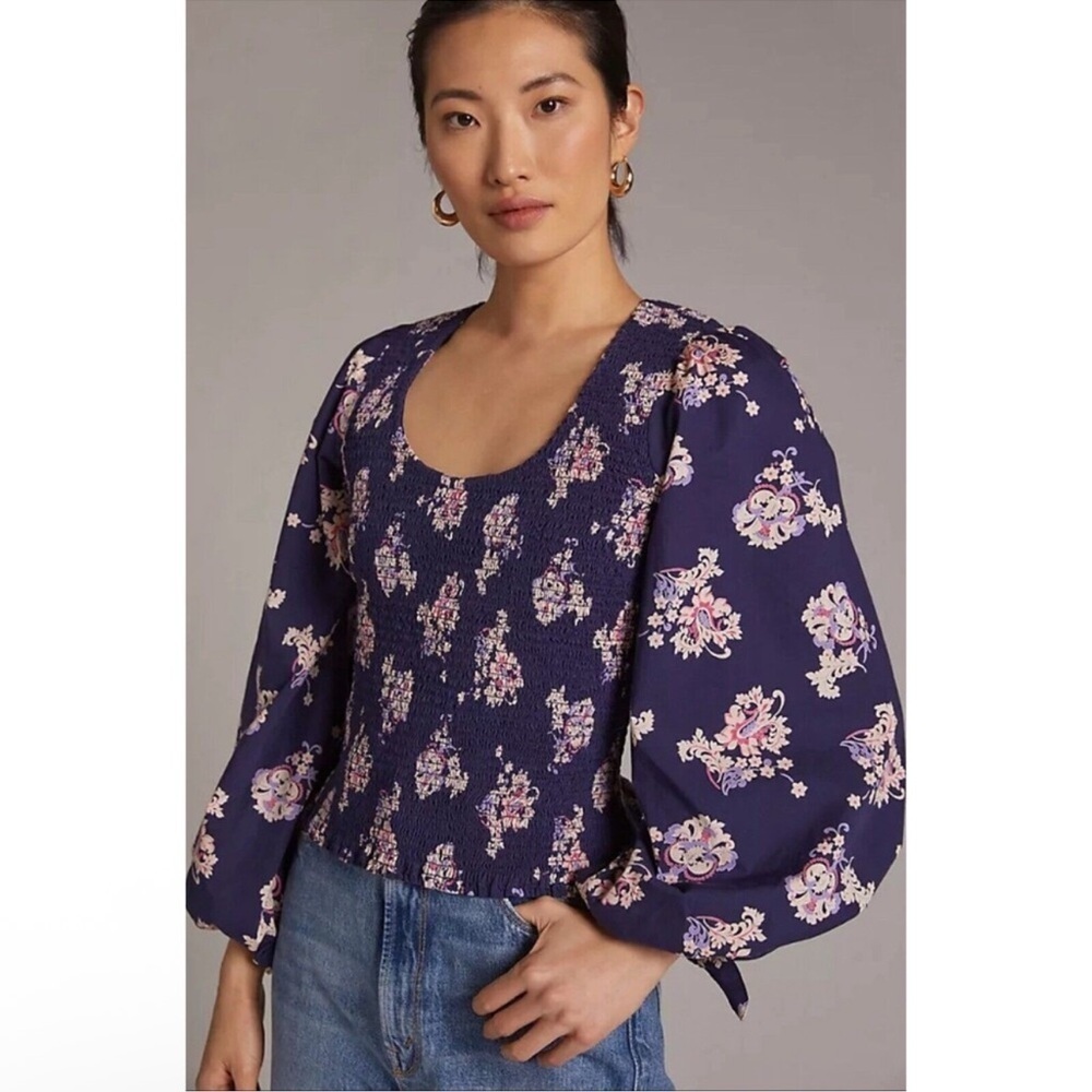 Anthropologie Smocked Floral Top Women S Long Balloon Sleeves Peplum Cottagecore